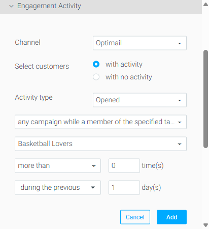 Optimove interface showing Campaign History being used to filter for a campaign sent in the previous 1 day.