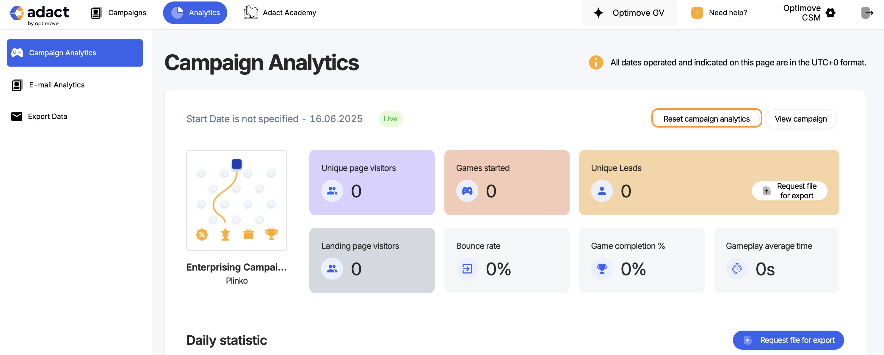 Reset campaign analytics button in settings.