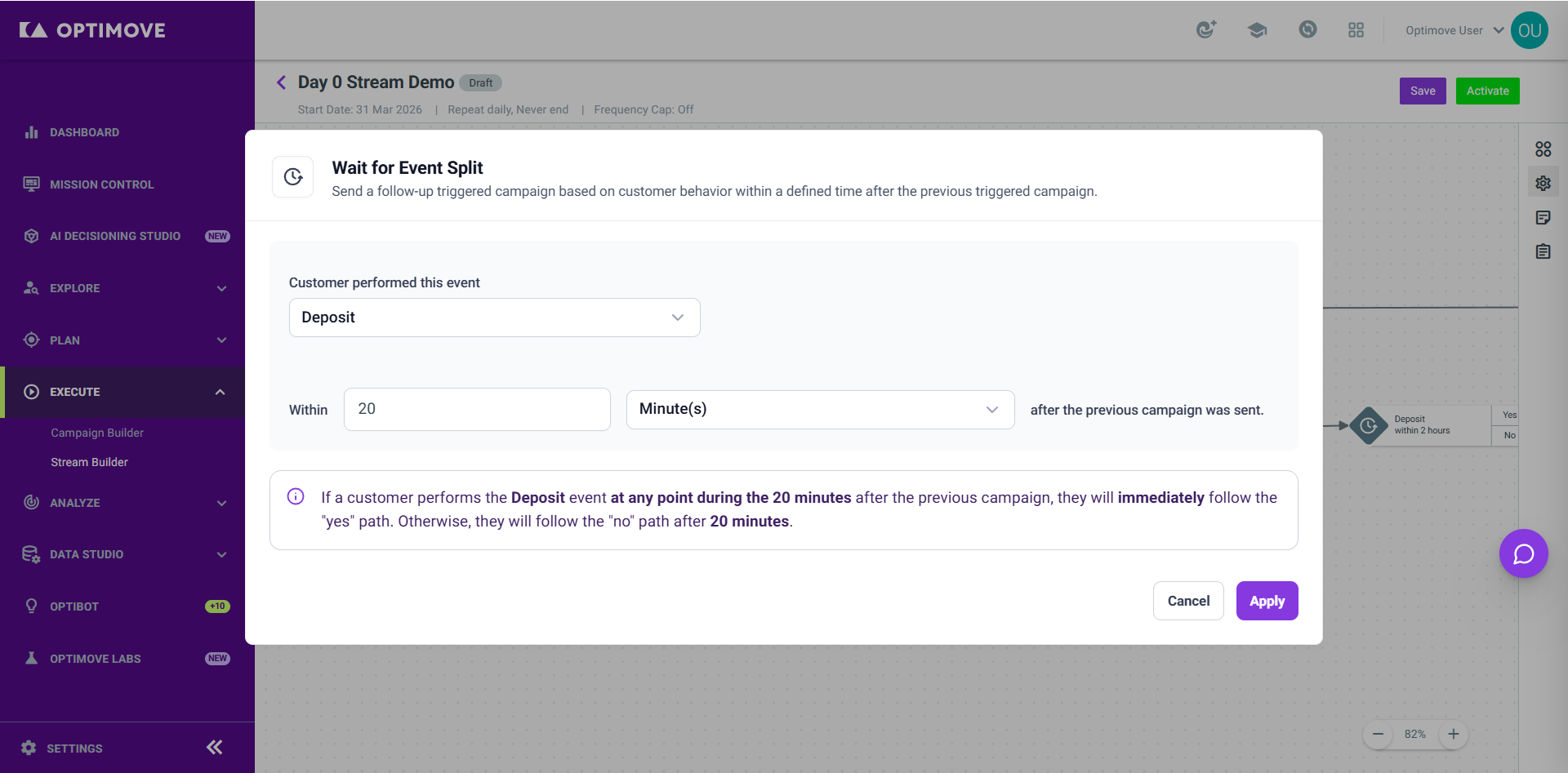 Wait for Event split — hold the customer for a set window, then branch on whether they converted