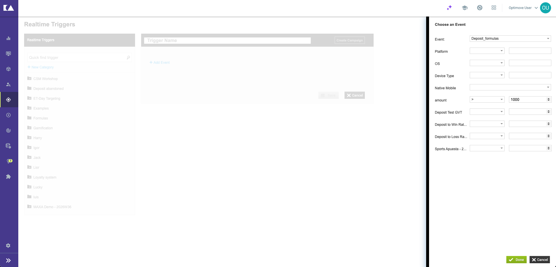 The trigger condition — compare the formula value against a threshold to launch the campaign