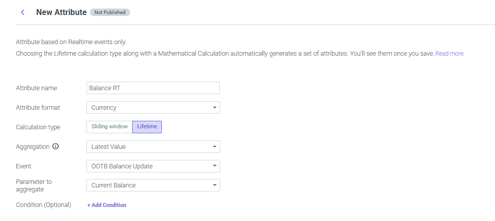Current balance attribute — a Lifetime attribute taking the Latest Value of the Current Balance parameter on each balance update event