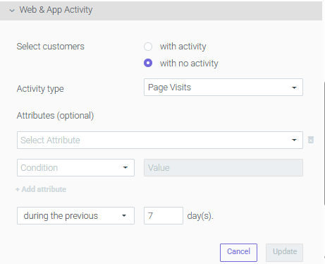 Customers with no activity — the same criteria inverted, for win-back and re-engagement